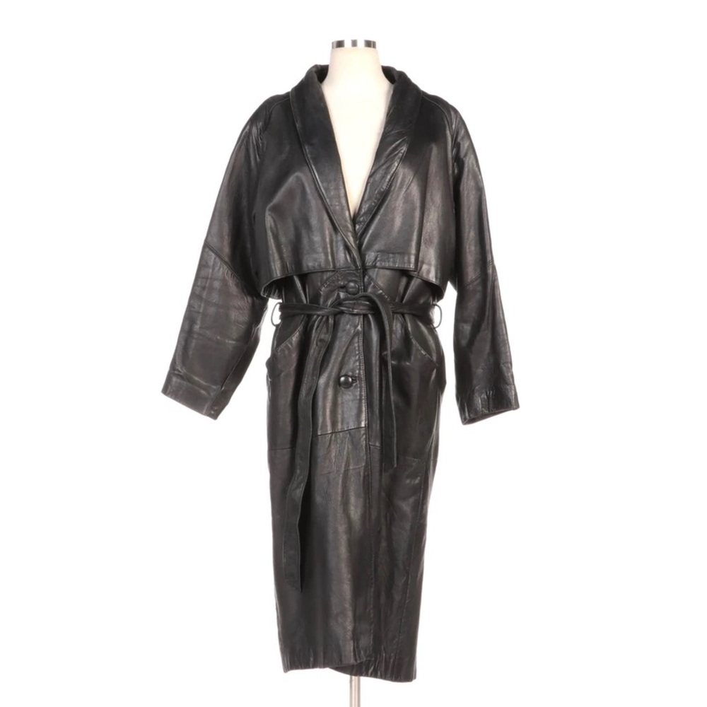 Vintage Leather Coat Trenchcoat Black size Medium
